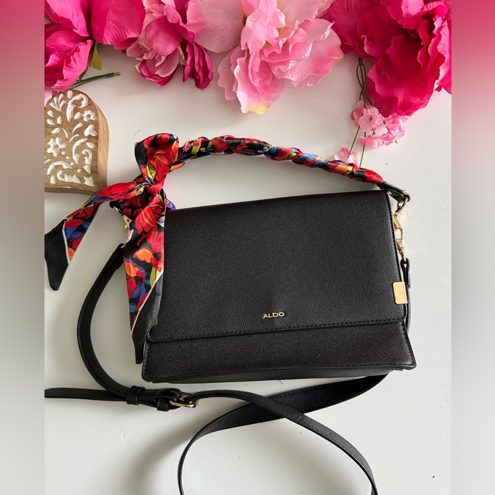 Aldo Black Crossbody Bag with Colorful Scarf